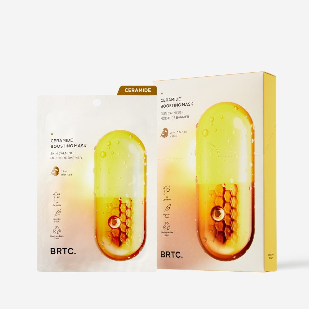 BRTC Ceramide Boosting Mask 10 Sheets in packaging, displaying skin-calming and moisture barrier benefits.