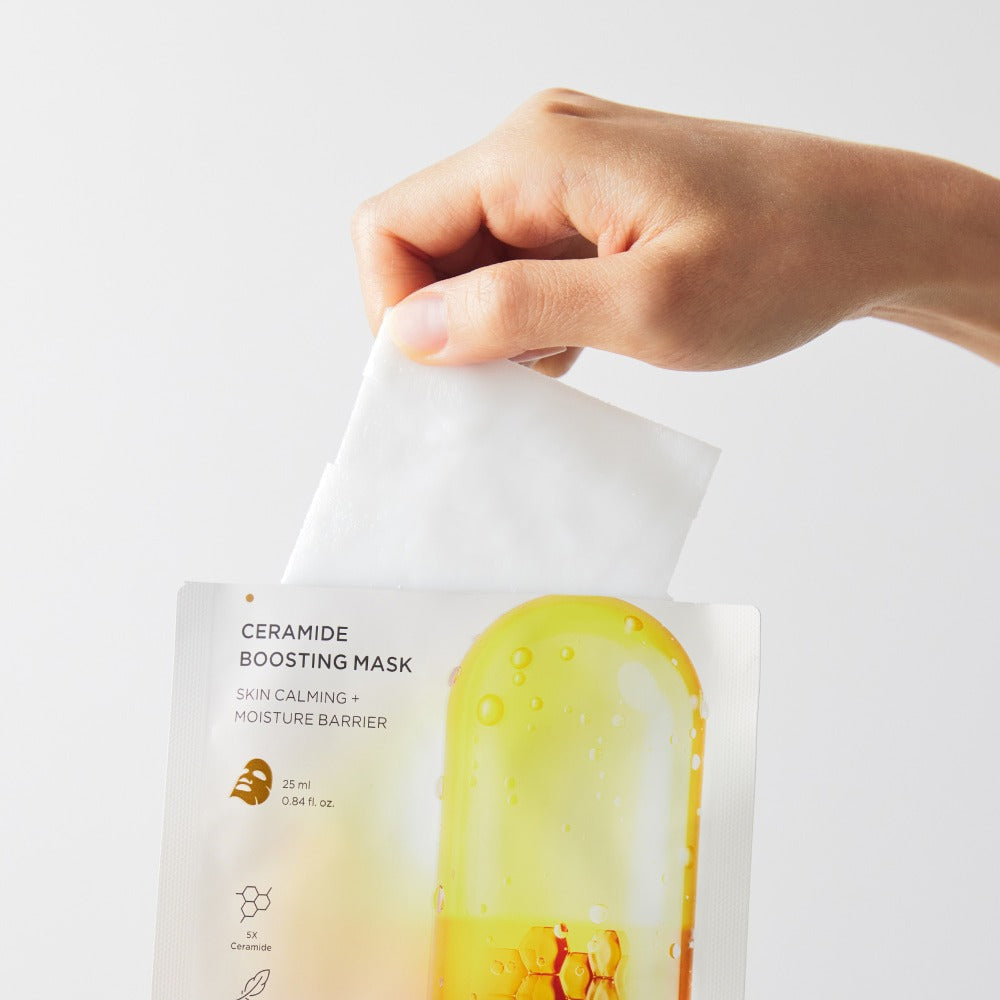 BRTC Ceramide Boosting Mask 10 Sheets being used, highlighting skin calming and moisture barrier benefits.