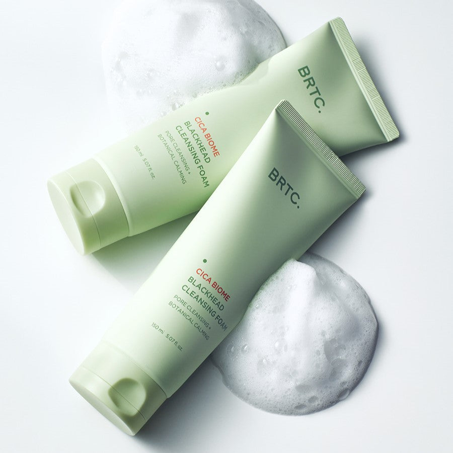 BRTC Cica Biome Blackhead Cleansing Foam 150ml tubes with foam, focusing on skincare and blackhead removal.