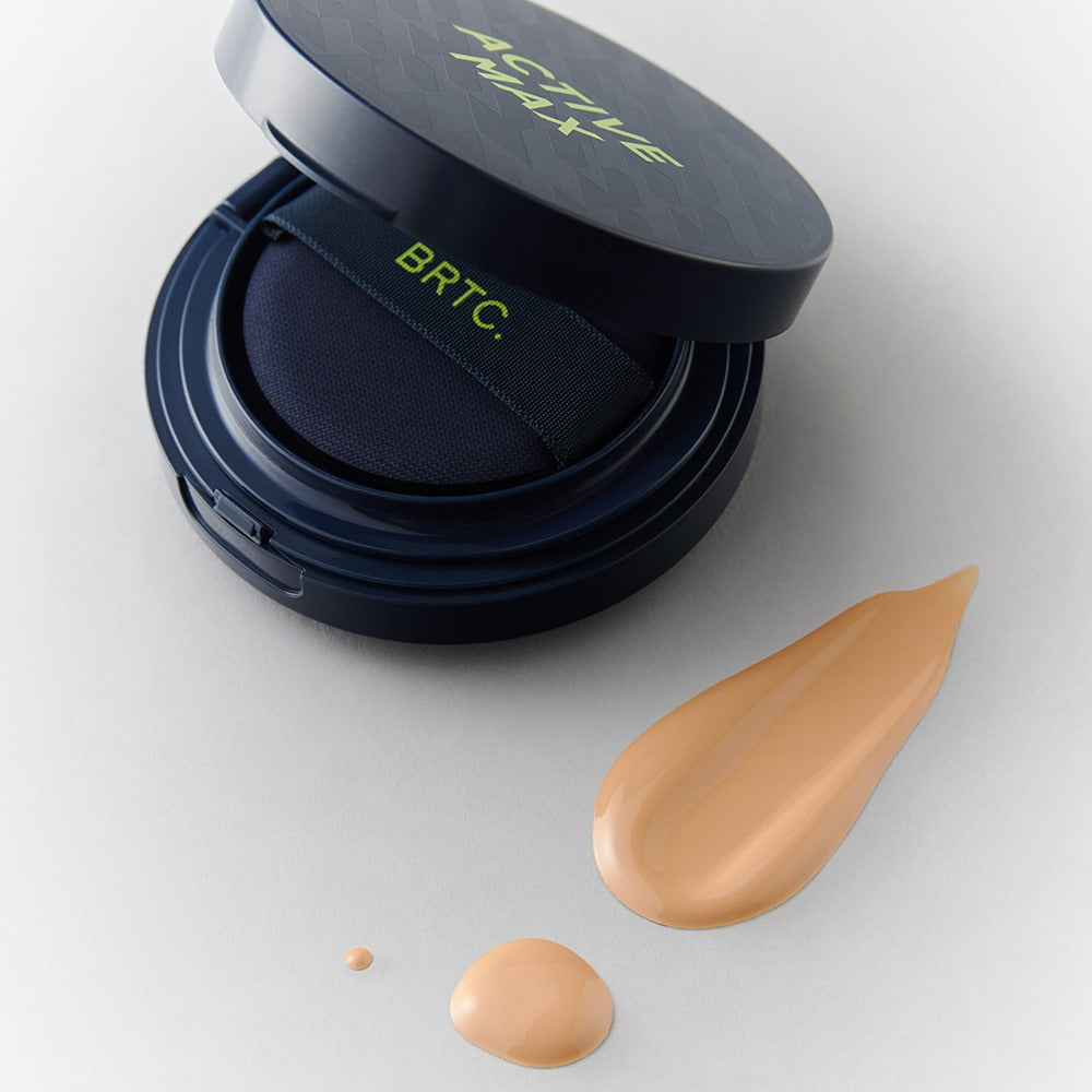 BRTC Homme Active Max Perfect Cushion 15g open compact with cushion puff and foundation swatches, Gentleman Korea Korean men’s skincare product