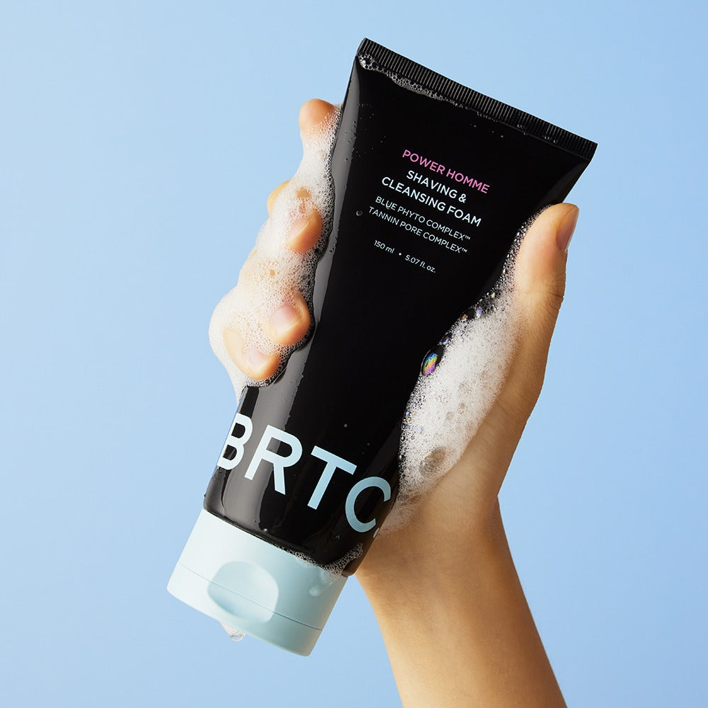BRTC Power Homme Shaving & Cleanser Foam 150ml in hand with foam, Gentleman Korea product image