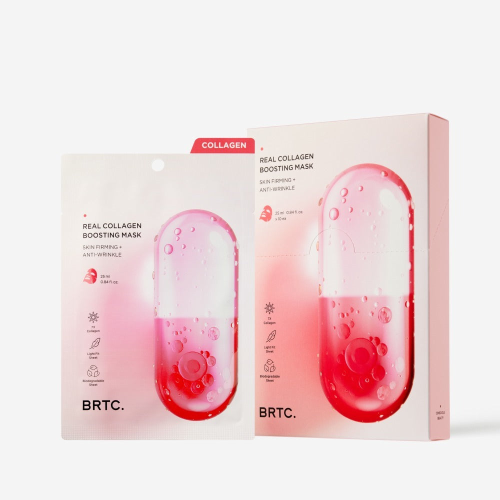 BRTC Real Collagen Bosting Mask 10 Sheets packaging showcasing anti-wrinkle and skin firming features.