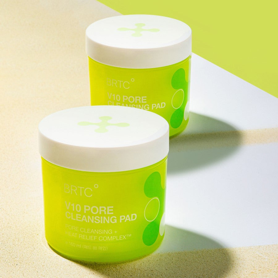 BRTC V10 Pore Cleansing Pad 80pcs 165ml in bright green container on a textured surface