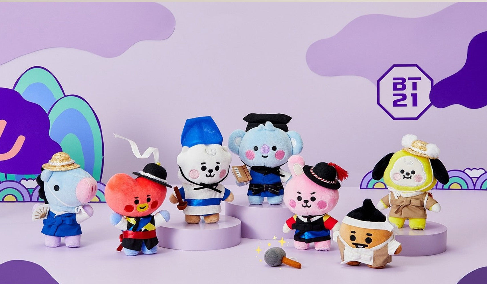 Colorful stuffed characters dressed in traditional costumes, featuring BT21 logo in a whimsical background.
