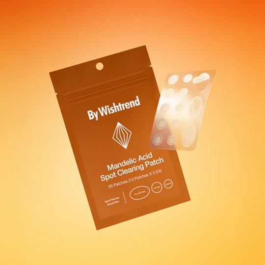 BY WISHTREND Mandelic Acid Spot Clearing Patch 39 Patches package and transparent patches on orange background