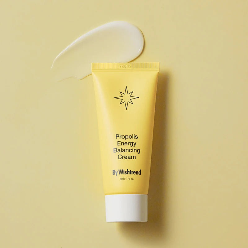 BY WISHTREND Propolis Energy Balancing Cream 50g tube on beige background with cream swatch