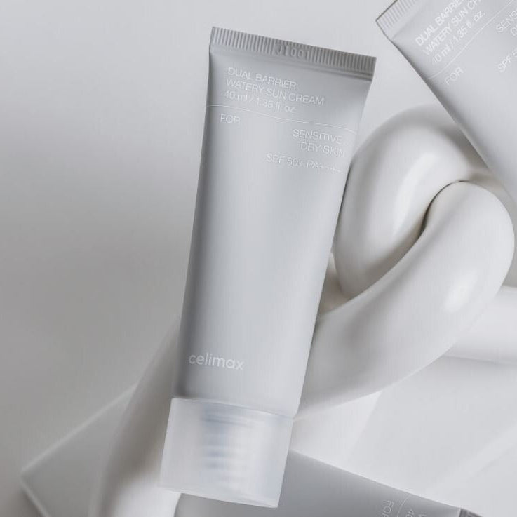 CELIMAX Dual Barrier Watery Sun Cream 40ml on a minimalist white background.