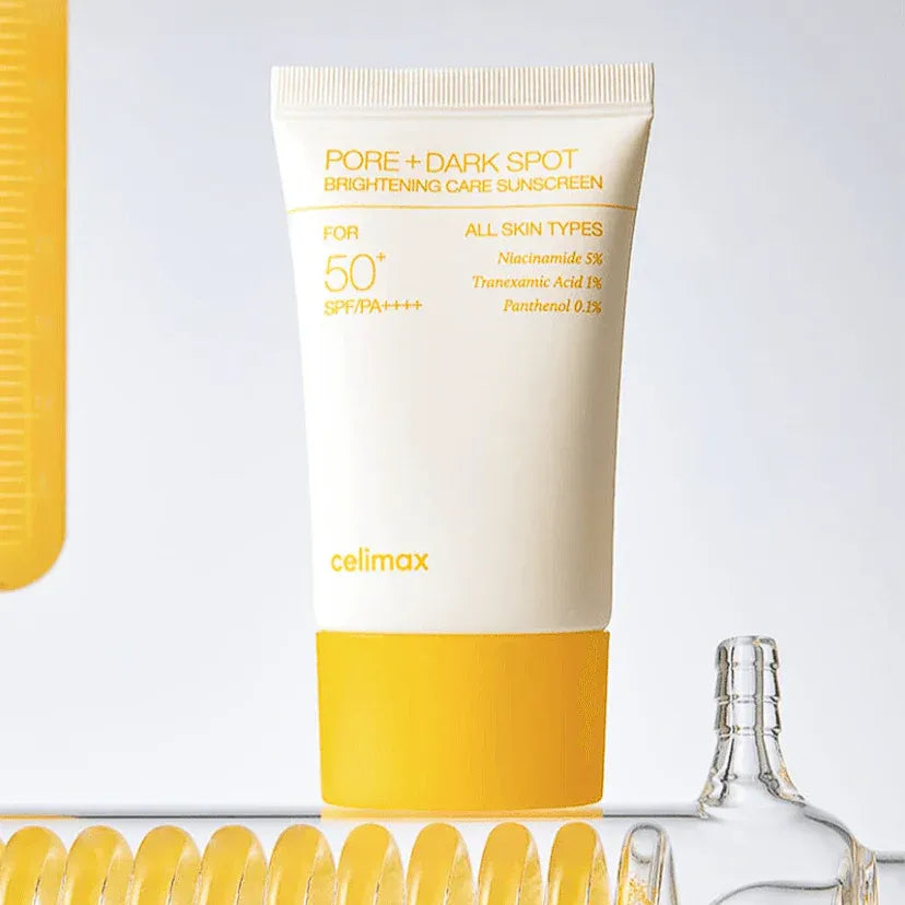 CELIMAX Pore Dark Spot Brightening Care Sunscreen 50ml product bottle with SPF 50 and brightening ingredients.