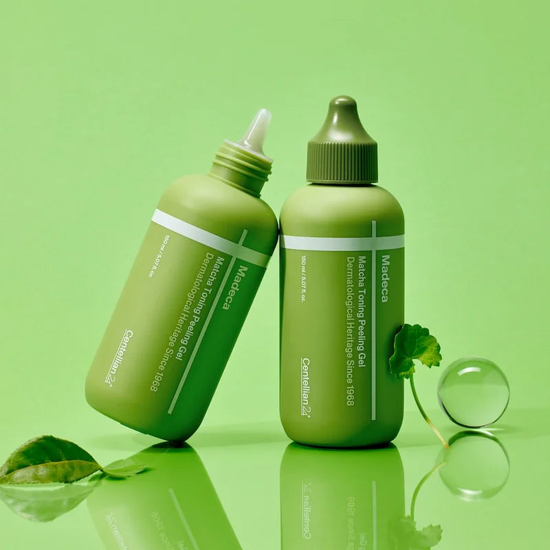 CENTELLIAN 24 Madeca Matcha Toning Peeling Gel 150ml bottles on green background with leaves and clear sphere.