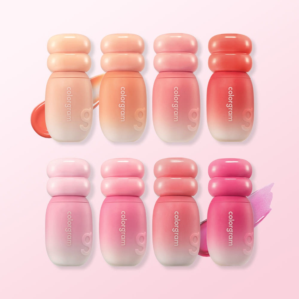 Assorted COLORGRAM Juicy Jam Blur Tint 5g lip products in various shades displayed in a grid layout.