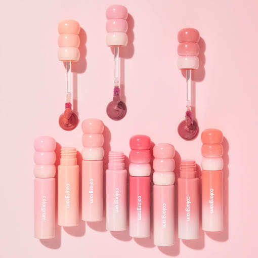 COLORGRAM Tanghulu Tangle Tint Milk 3g lip tints in various shades on a pink background