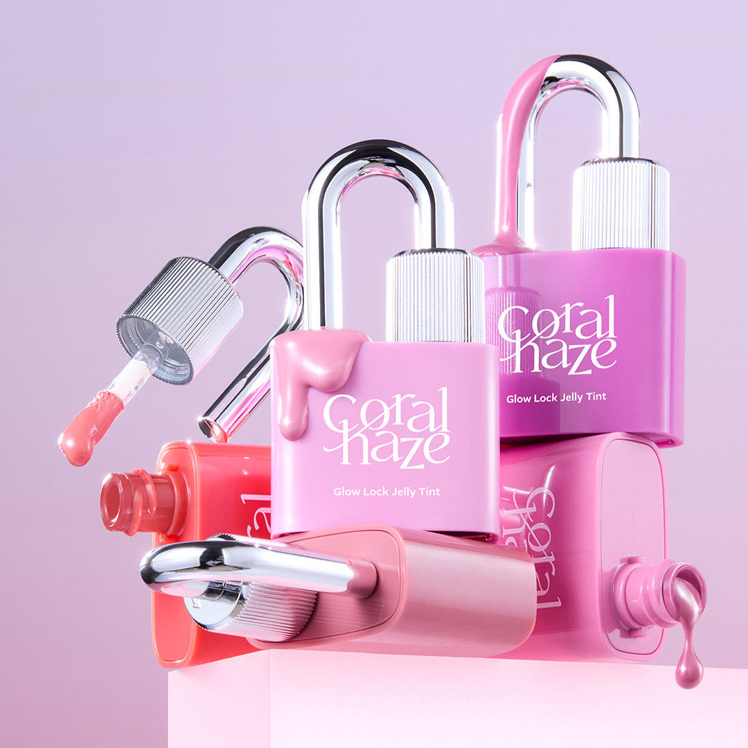 CORALHAZE Glow Lock Jelly Tint in various shades with stylish lock packaging on a pink background.