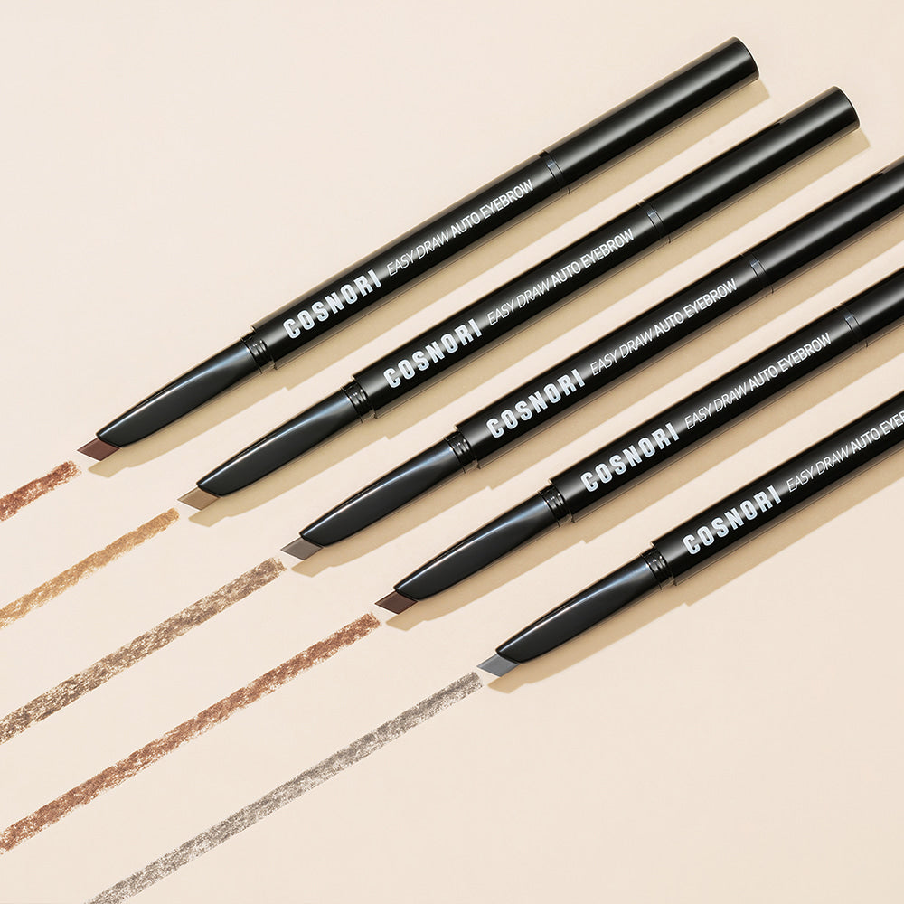 Five shades of COSNORI Easy Draw Auto Eyebrow pencils with lines drawn on a beige background.