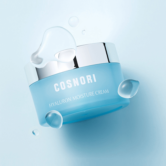 COSNORI Hyaluronic Moisture Cream 50ml product image with water droplets.