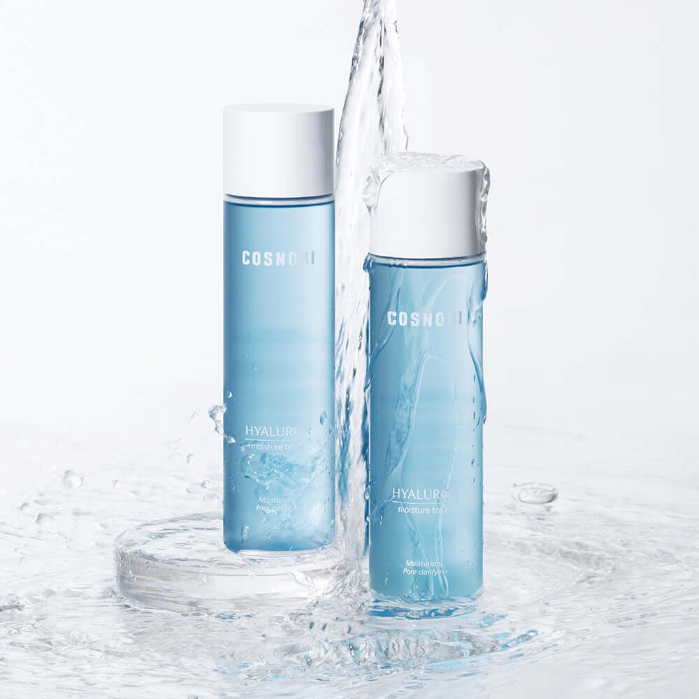 COSNORI Hyaluronic Moisture Toner 200ml bottles with water splash background