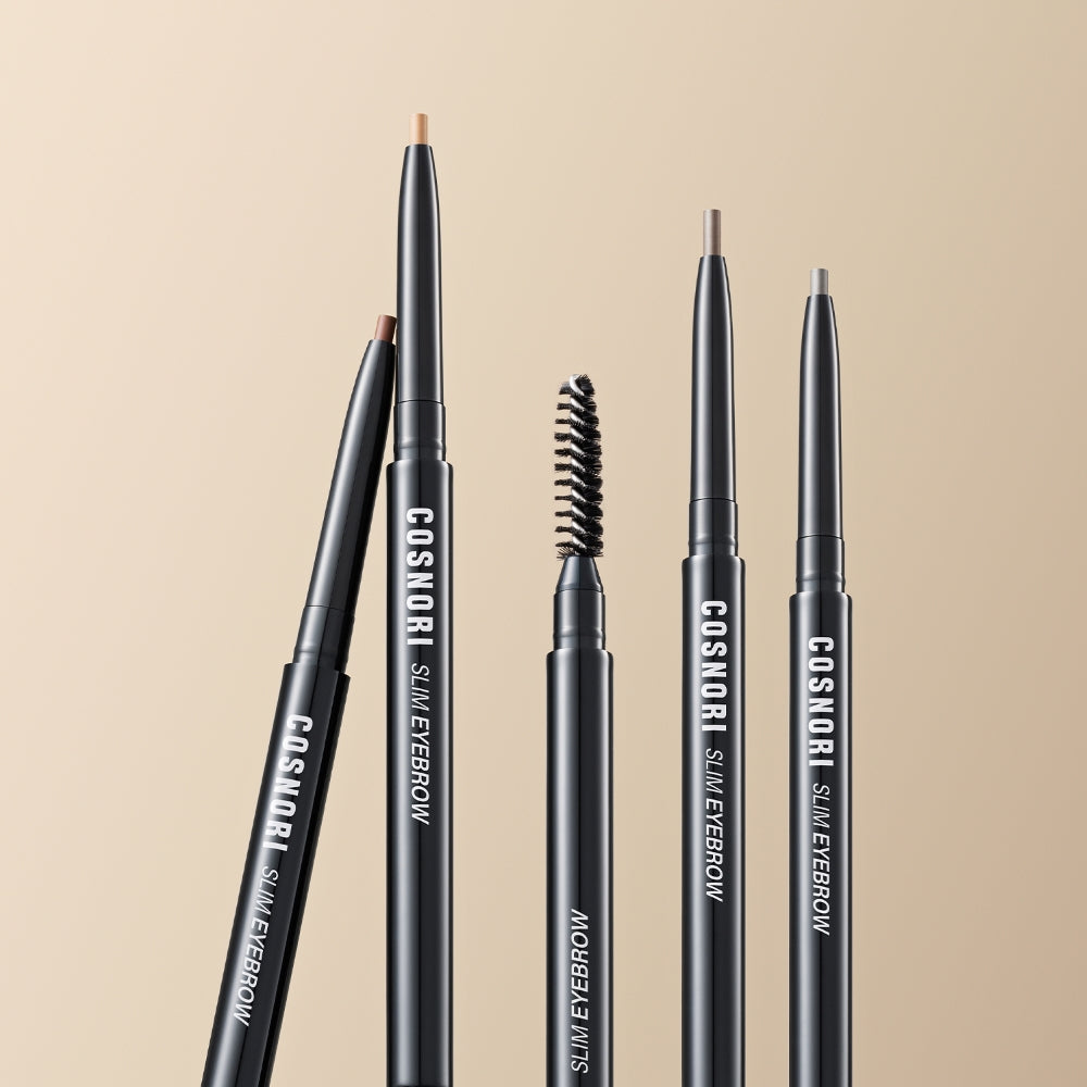 Five COSNORI Slim Eyebrow Pencil products displayed on a neutral background, showcasing different pencil tips and a spoolie brush.