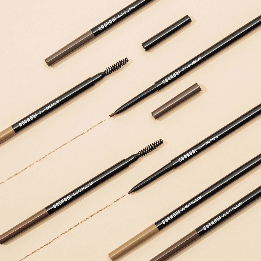 COSNORI Slim Eyebrow Pencil in open and closed positions on beige background
