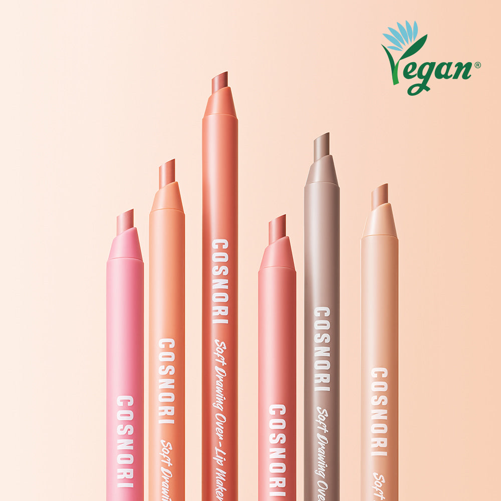 Assorted shades of COSNORI Soft Drawing Overlip Maker with vegan logo