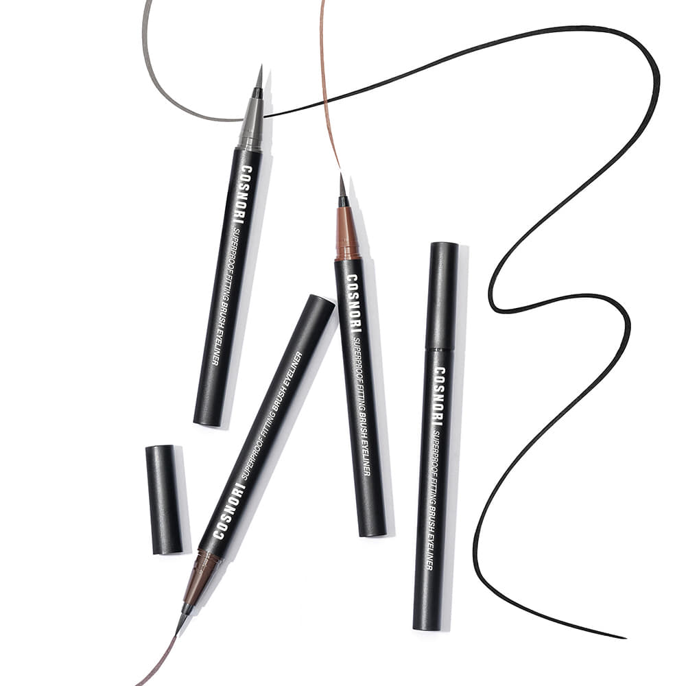 Image of COSNORI Superproof Fiting Brush Eyeliner in multiple colors with caps and thin brush tips.