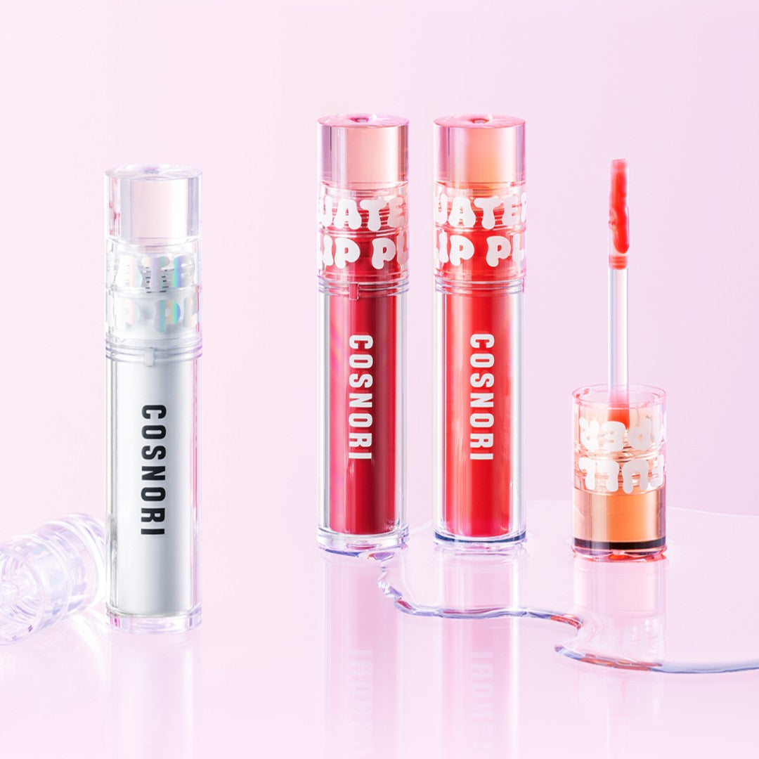 COSNORI Waterful Lip Plumper tubes and applicator on a pink background.