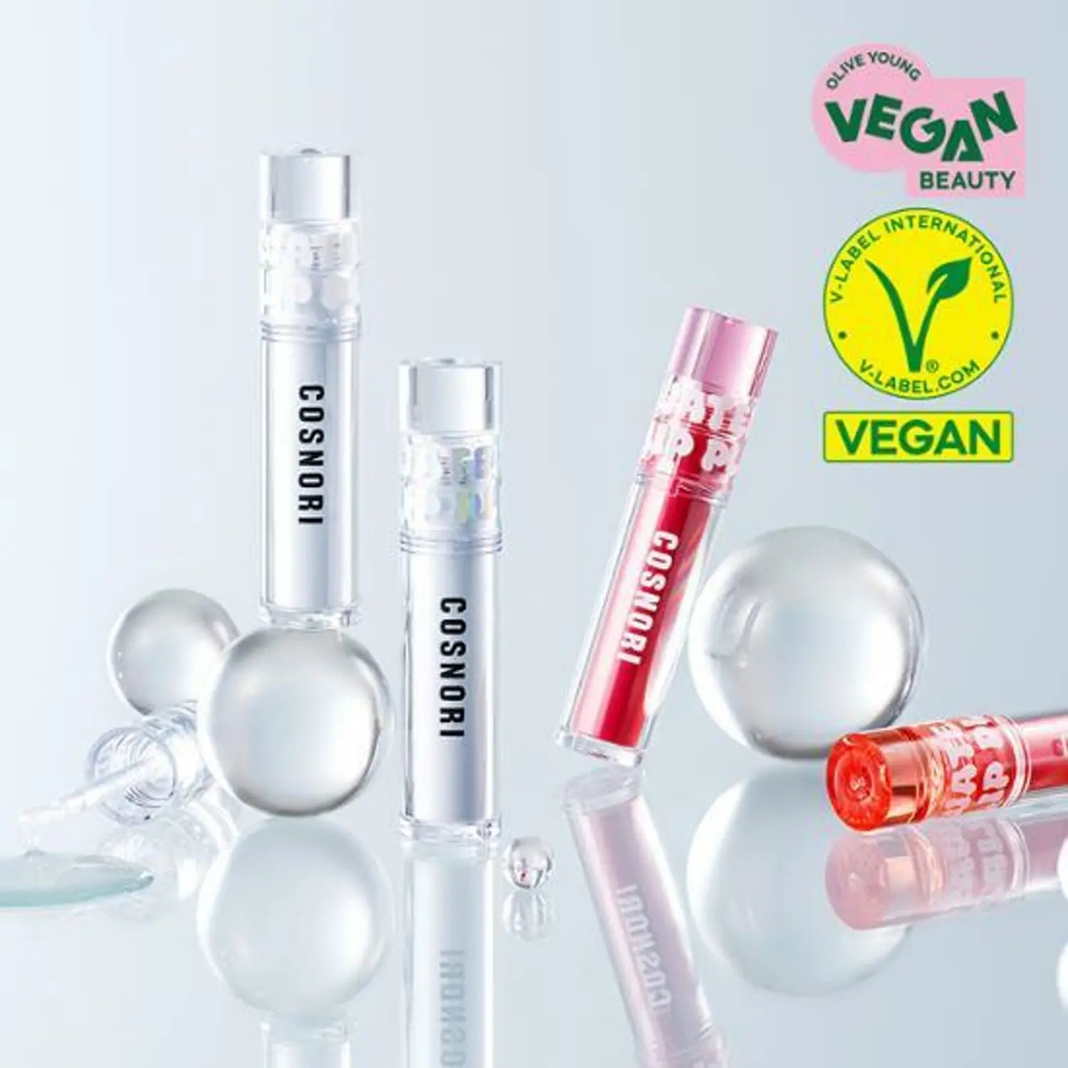 COSNORI Waterful Lip Plumper collection with vegan labels and product packaging.