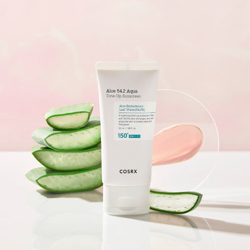 COSRX Aloe 54.2 Aqua Tone-Up Sunscreen SPF50+ PA++++ 50ml with aloe and pink background
