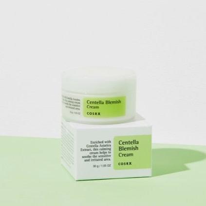 Image of COSRX Centella Blemish Cream 30g packaging showing the jar and box with label details.