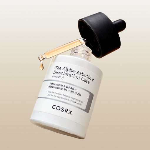 COSRX The Alpha-Arbutin 2 Discoloration Care Serum 50ml with dropper, designed for skin brightening and discoloration reduction.