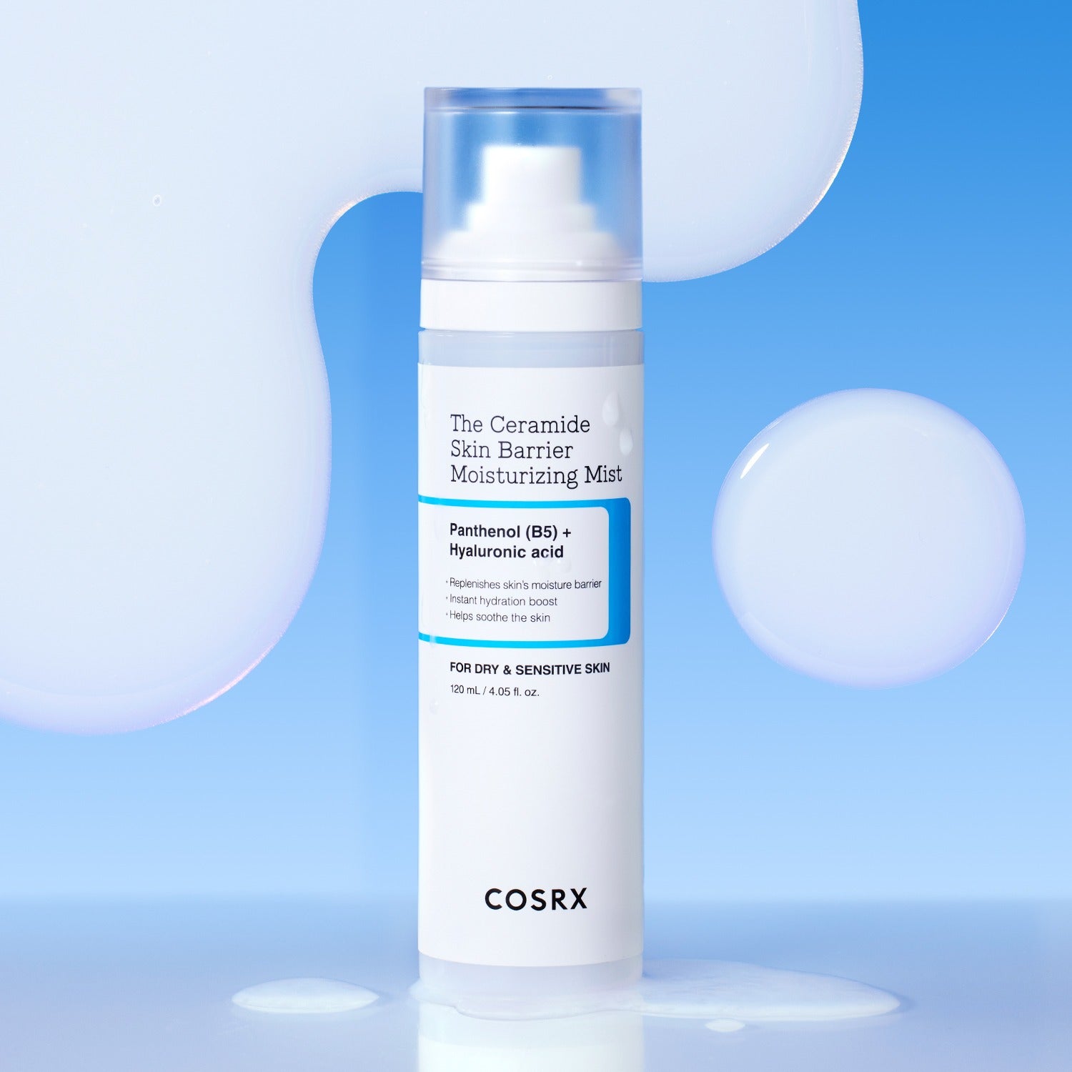 COSRX The Ceramide Skin Barrier Moisturizing Mist 120ml on blue background with product highlights.