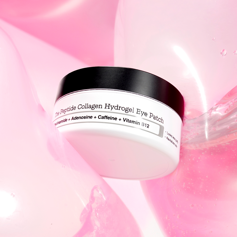COSRX The Peptide Collagen Hydrogel Eye Patch 60p 85g container on a background of pink bubbles, skincare product