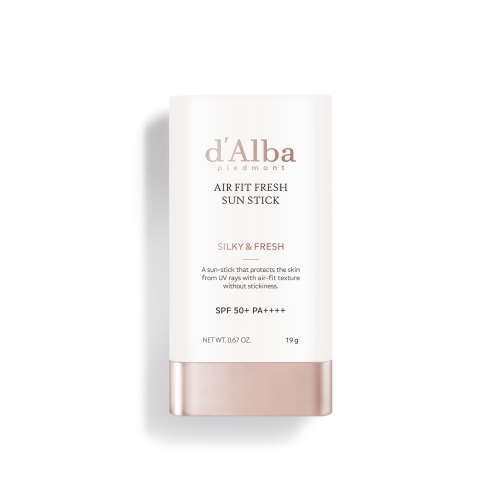 D'ALBA Air Fit Fresh Sun Stick 19g with SPF 50+ for sun protection, lightweight texture, and non-greasy finish.