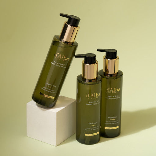 Three bottles of D'ALBA Mild Balancing Vegan Cleanser 200ml displayed against a soft green background, emphasizing the product's elegance.