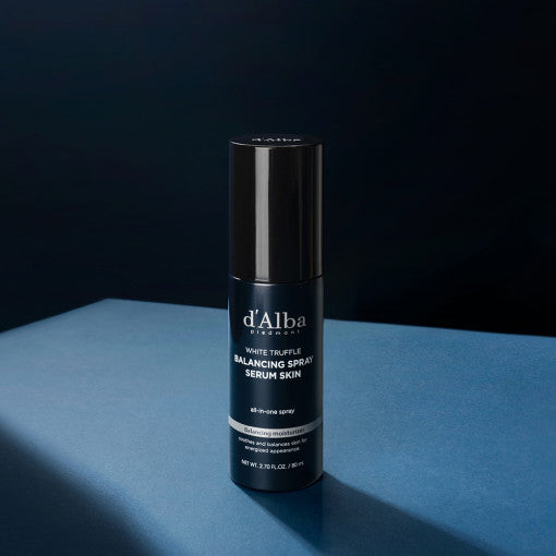 D'ALBA Vegan Men All In One Serum Skin 80ml by Gentleman Korea — sleek black bottle on blue backdrop for men's skincare