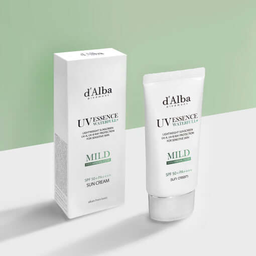 D'ALBA Vegan Waterfull Mild Suncream in box with tube, SPF 50+ PA++++, lightweight formula for sensitive skin protection.