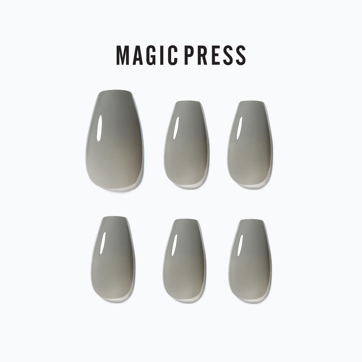 DASHING DIVA MAGIC PRESS Ash Khaki - Coffin, featuring six elegant press-on nails in a refined coffin shape with a sleek khaki color.