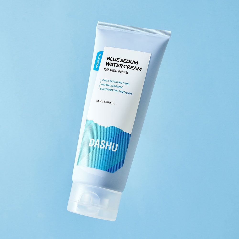 DASHU Boy Blue Moisture Cream 150ml tube on a light blue background, featuring Blue Sedum water cream benefits.