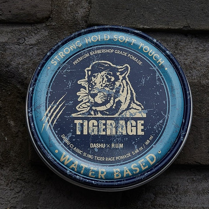 DASHU Classic Tiger Rage Pomade 168g vintage tin on stone background by Gentleman Korea