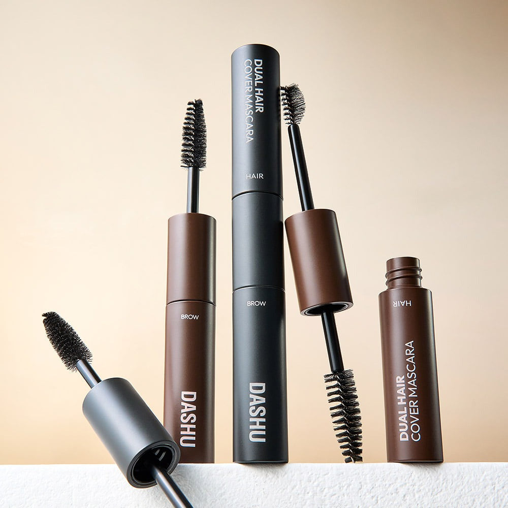 DASHU Daily Dual Hair Cover Mascara with open and closed tubes displayed, showcasing brush applicators for hair and brow coverage.