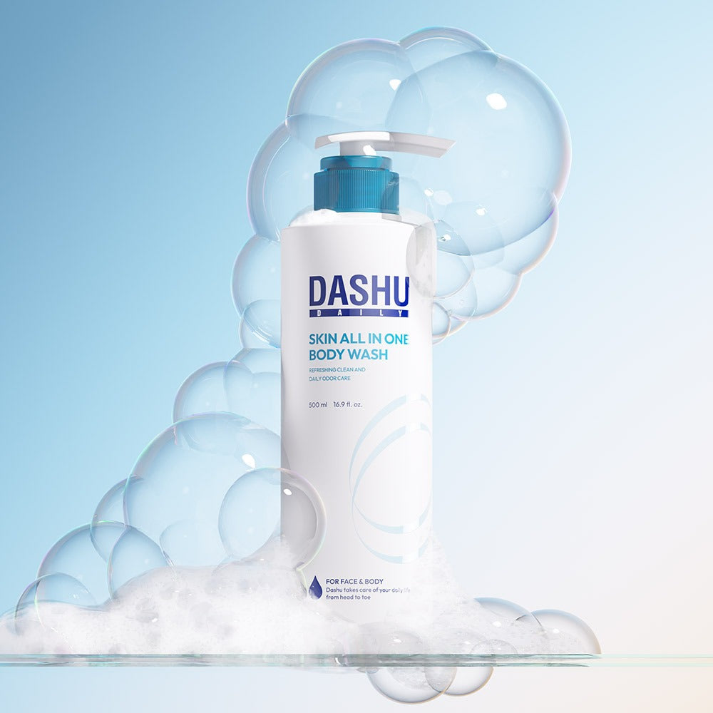 DASHU Daily Skin All-in-One Body Wash 500ml bottle surrounded by soap bubbles.