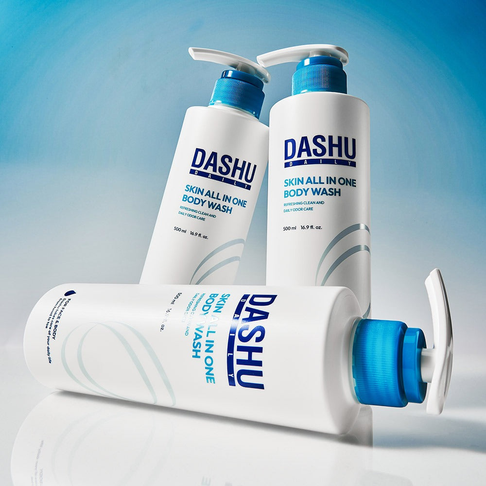 DASHU Daily Skin All-in-One Body Wash 500ml bottles on blue background