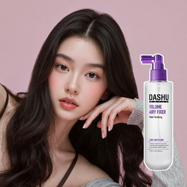 Woman with flawless hair using DASHU Daily Volume Airy Hair Fixer 200ml