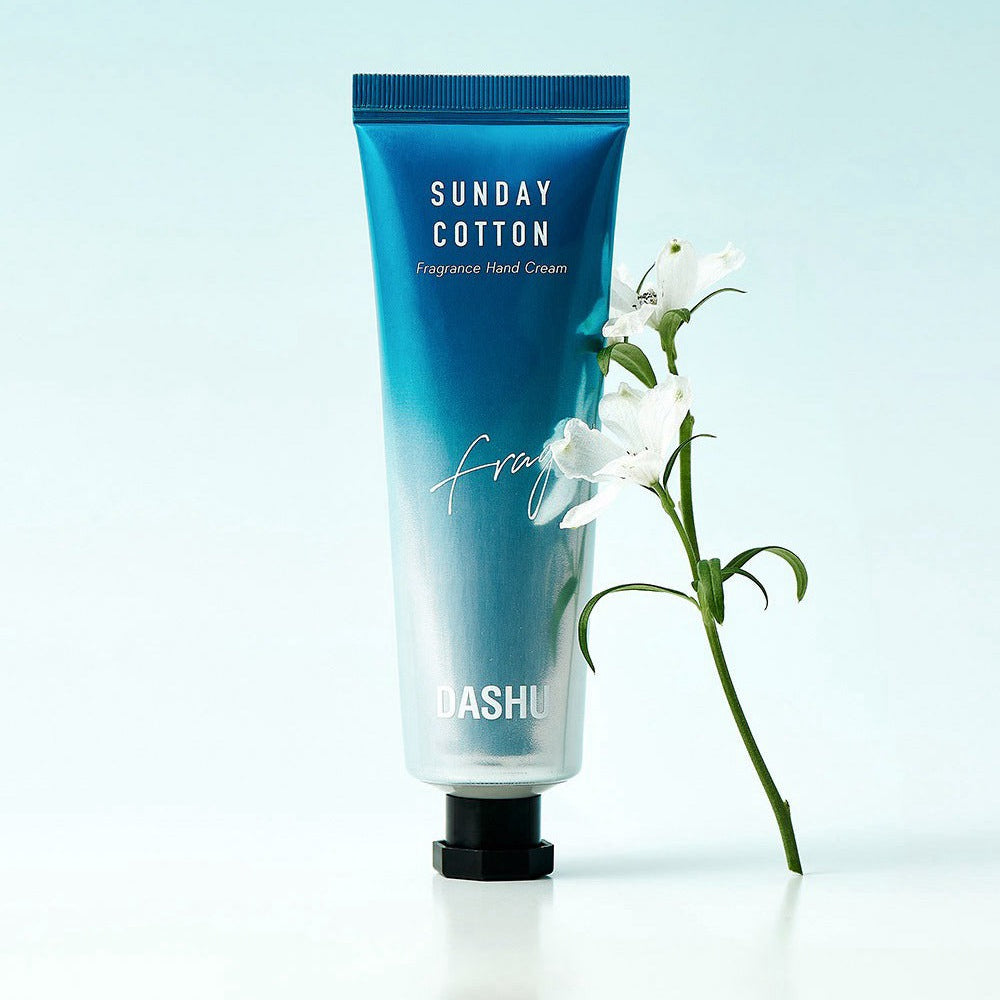 DASHU Perfume Hand Cream Sunday Cotton 50g with floral background showcasing elegant design.