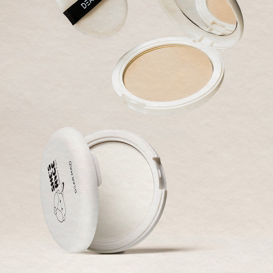 DEAR MAY She's Rice Sebum Fact 12g compact with open lid displaying powder texture