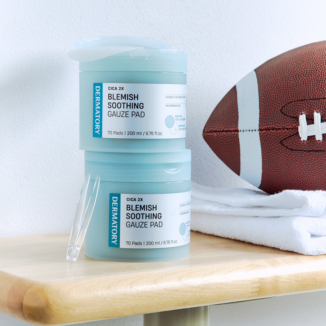 DERMATORY Cica Exosome Blemish Soothing Gauze Pad 70 Pads on shelf with sports equipment