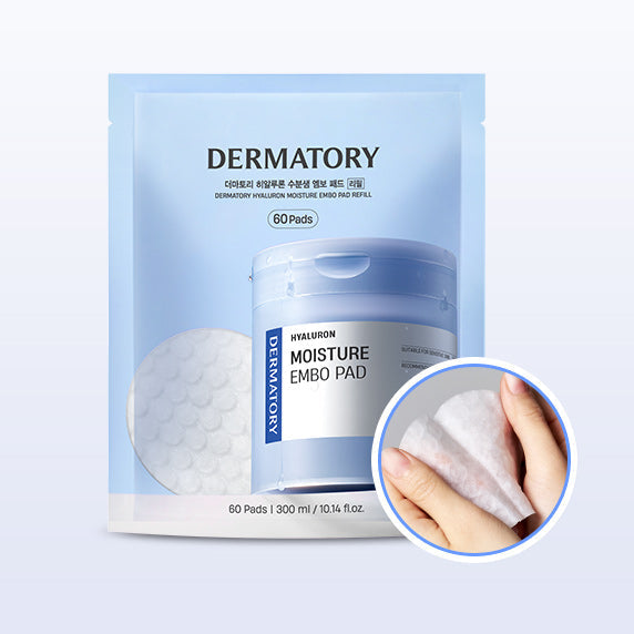 DERMATORY Hyaluronic Acid Moisture Spring Embo Pad Refill 60 sheets in packaging and detail of embo pad texture.