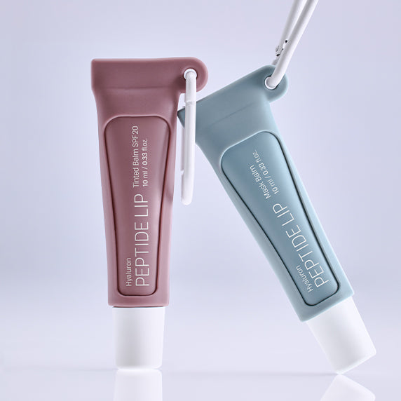 DERMATORY Hyaluronic Peptide Lip Keyring in pink and blue tubes with keyring attachment, designed for moisturizing and lip care.