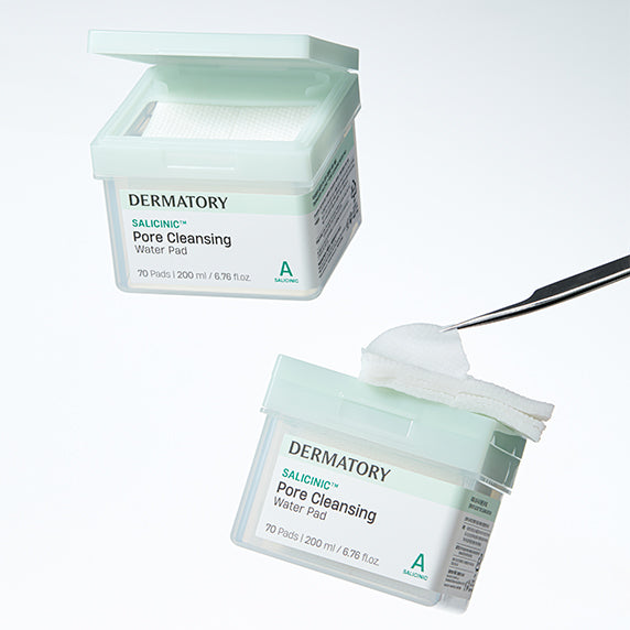 DERMATORY Salicinic Pore Cleansing Water Pad 70 Sheets in mint packaging with pads shown