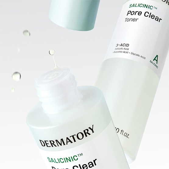 DERMATORY Salicinic Pore Clear Toner 210ml bottle with droplets, designed for pore care and clear skin.