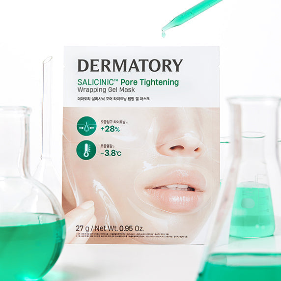 Image of DERMATORY Salicinic Pore Tightening Wrapping Gel Mask, featuring packaging and scientific laboratory setting with green liquids.