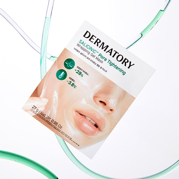 DERMATORY Salicinic Pore Tightening Wrapping Gel Mask package with gel-coated face and benefits highlighted in green text.